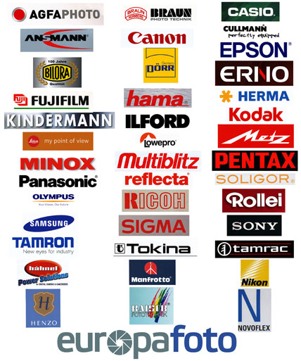 Agfa, Ricoh, Sony, Samsung, Canaon, Casio, Braun, Ansmann, Epson, Erno, Herma, Kodak hama, Kindermann, Ilford, Metz, Minox, Pentax, Panasonic, Reflecta, Soligor, Olympus, Rollei, Nikon, Tamron, Sigma, Manfrotto, Tamrac, europafoto, Novoflex, Henzo, Tokina